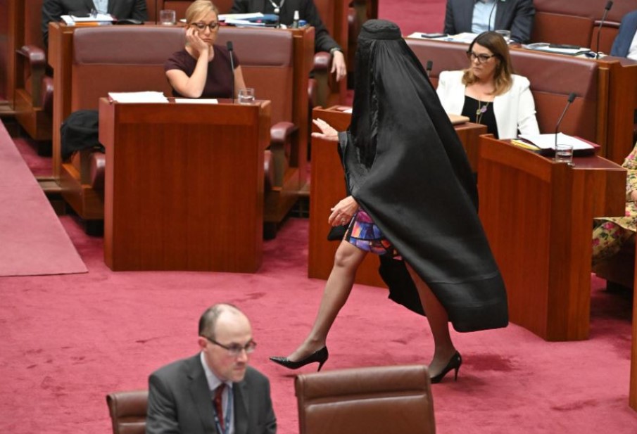 Pauline Hanson walking on the Senate floor while wearing a burqa