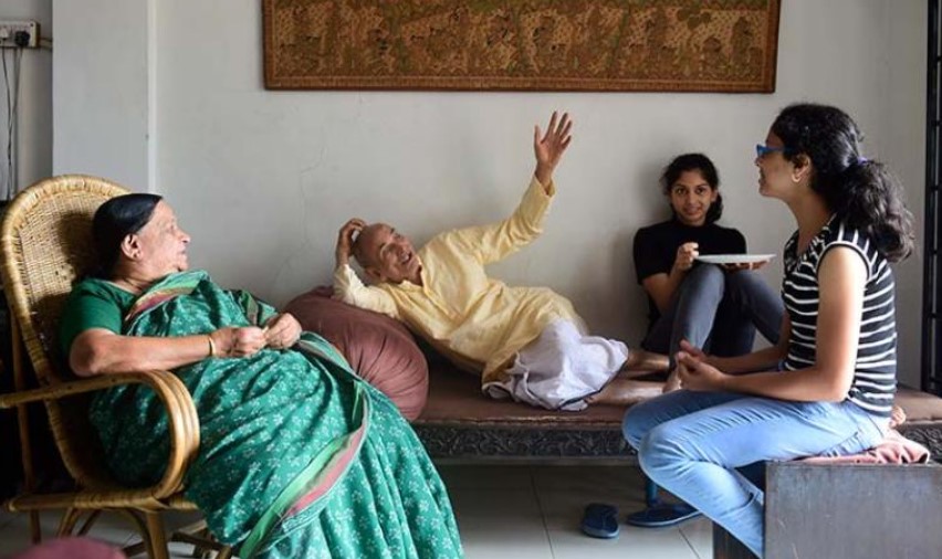 Madhav Gadgil with his wife and granddaughters
