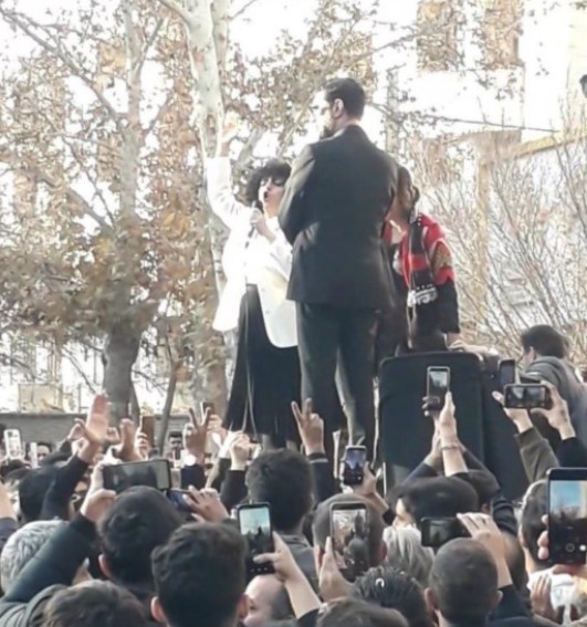 Narges Mohammadi while delivering a speech at Mashhad