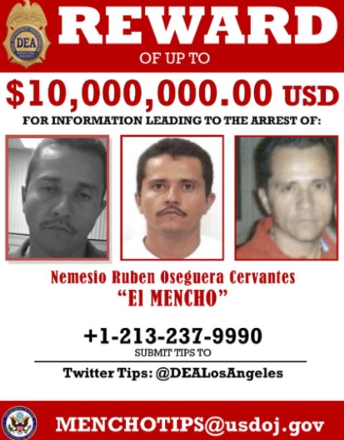A Wanted poster of Nemesio Oseguera Cervantes (alias El Mencho)
