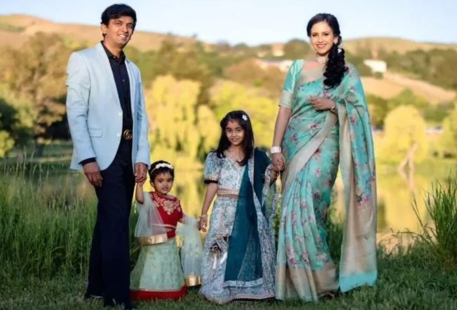 Nithin Hassan with his wife and daughters