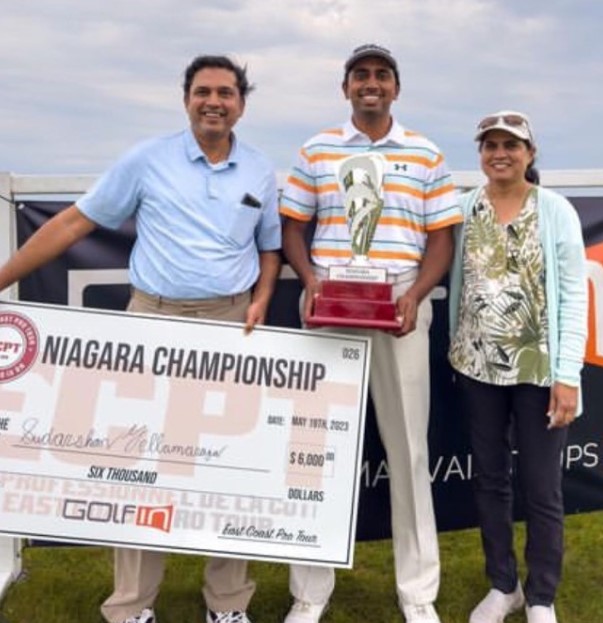 Sudarshan Yellamaraju (middle) after winning the Niagara Championship, the second event of the East Coast Pro Tour