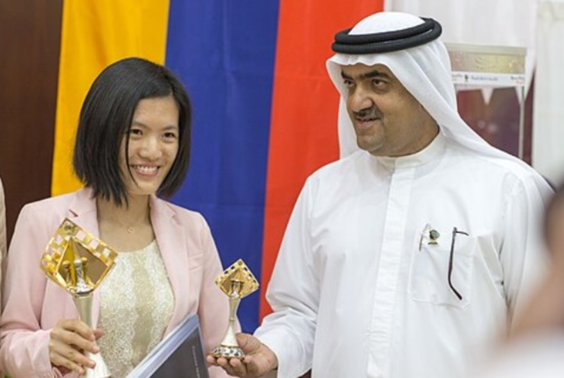 Hou Yifan during the Grand Prix Cup award ceremony in Sharjah, UAE