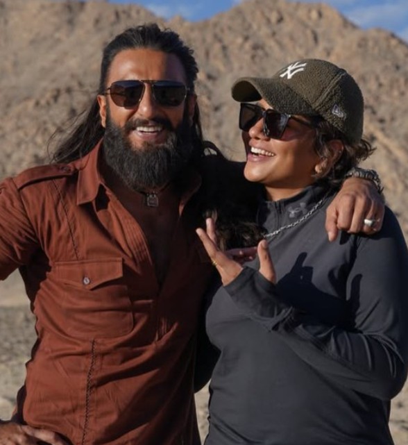 Preetisheel Singh D’souza with Ranveer Singh during the filming of Dhurandhar