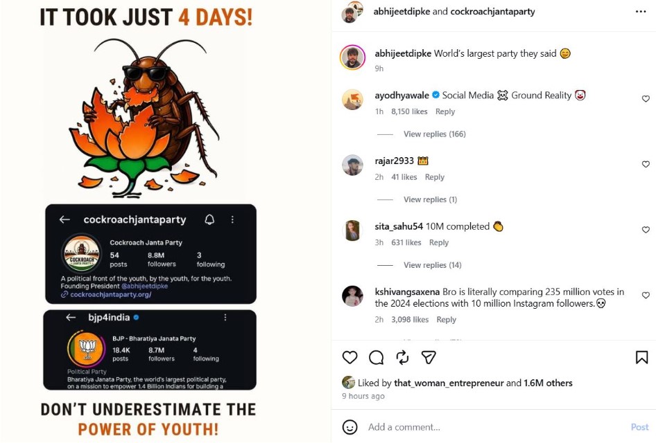 An Instagram post shared by Abhijeet Dipke, where he compared followers of Cockroach Janata Party and Bharatiya Janata Party
