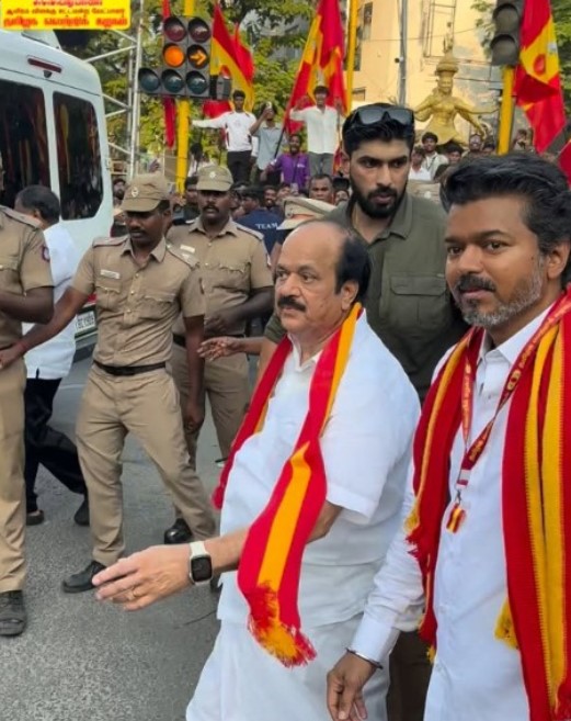 J.C.D. Prabhakar with Chief Minister C Joseph Vijay during a political campaign