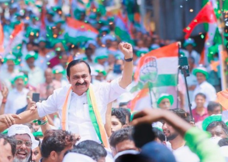V. D. Satheesan celebrating after winning the 2026 Kerala Legislative Assembly elections