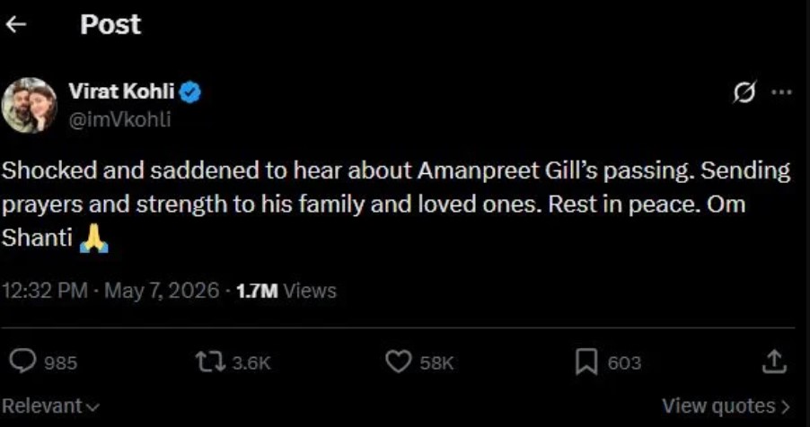 Virat Kohli’s tweet about Amanpreet Gill