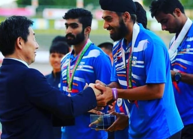 Gurindervir Singh after winning the National Junior Athletics Championships during the 16th Federation Cup in 2018