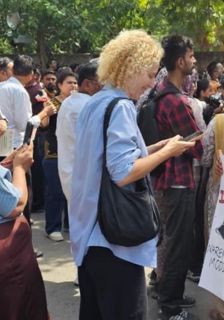 Hannah Ellis Petersen at the Cockroach Janta Party protest in New Delhi