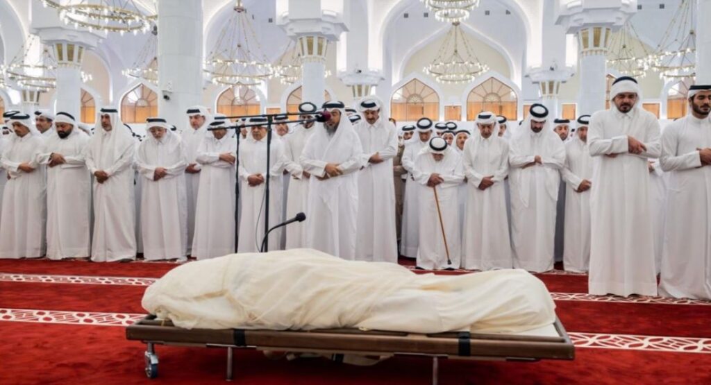 Arab media offices mourners pray over the body of Sheikh Hamad bin Khalifa Al Thani, at the Mohammed bin Abdulwahab Mosque in Doha, Qatar