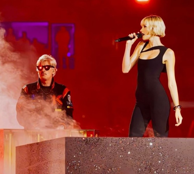 Kavinsky with Belgian singer and songwriter, Angèle, while they were performing at the closing ceremony of Paris Olympics 2024