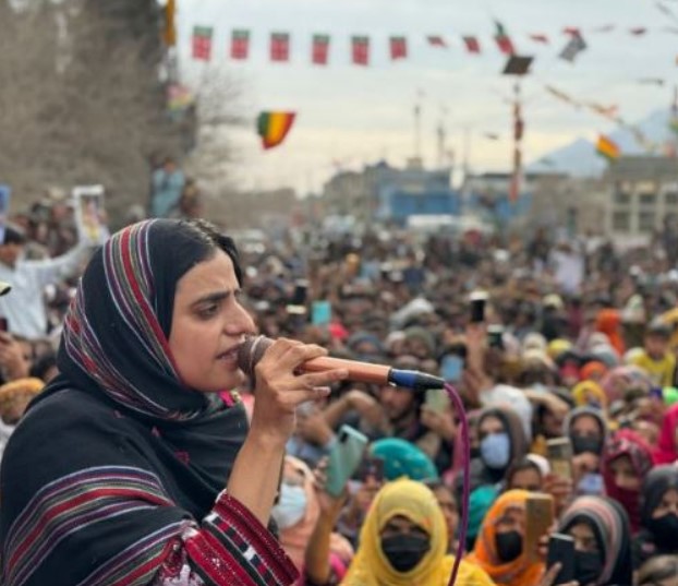 Mahrang Baloch, while addressing a protest