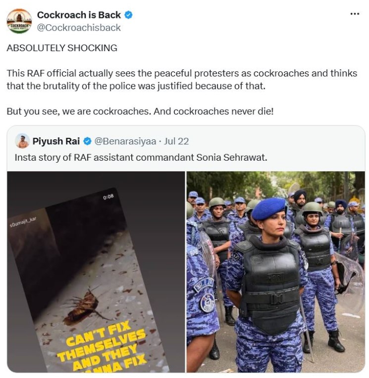 Screenshot of Cockroach Janata Party’s tweet, in which they criticized Sonia Sehrawat’s Instagram story