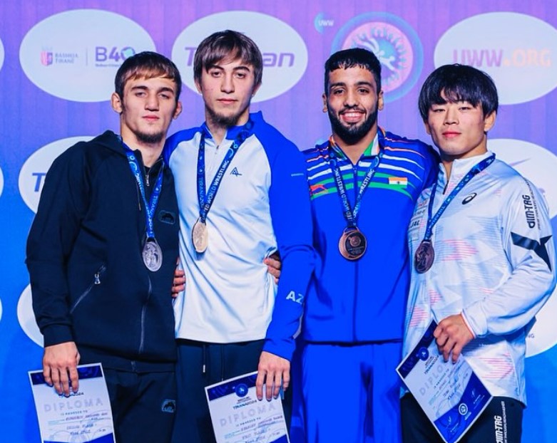 Sujeet Kalkal after winning a bronze medal in the U23 World Wrestling Championships in Tirana, Albania (2024)